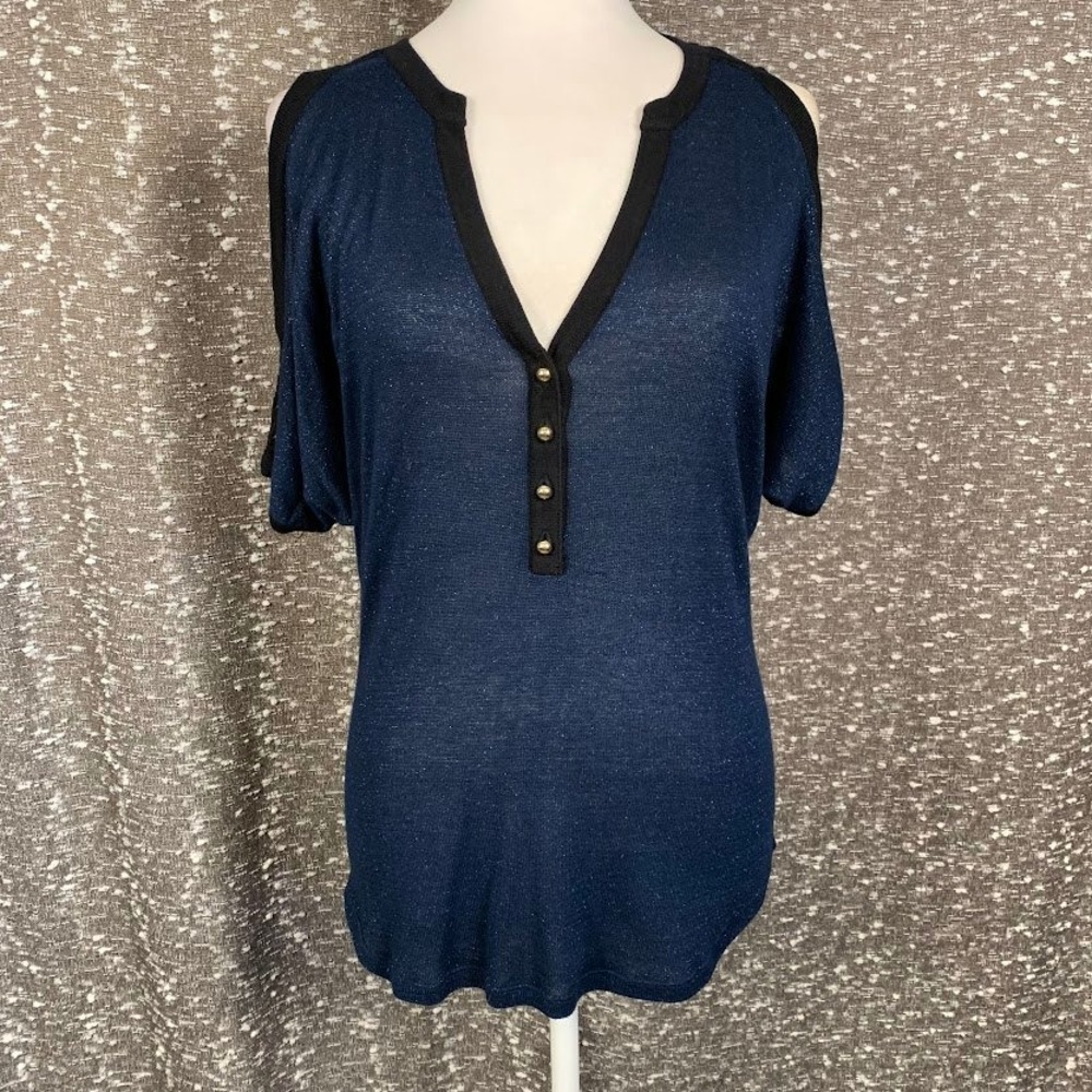 Cache Navy Blue Metallic Cold Shoulder Top Edgy Glam Women's Medium